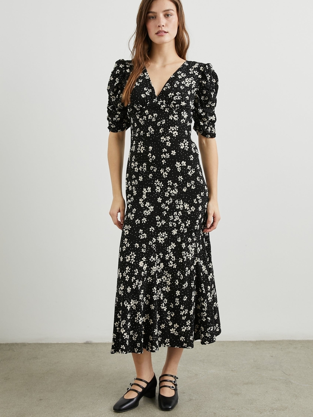 Rails Zariah Noir Floral Midi Romantic Whimsy Floral Deep V Puff Sleeve Dress S